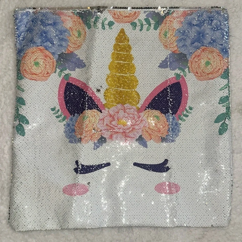Unicorn Reversible Sequin Pillow Cover Floral Gold Horn White Sparkle Sham 15x15